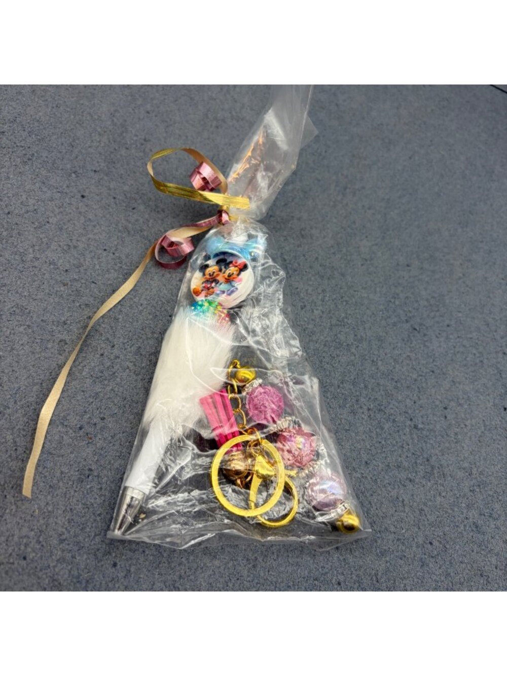 Baby Mickey Minnie Mouse Fluffy Pen Pink Tassle Gold Keychain Charm Gift Set